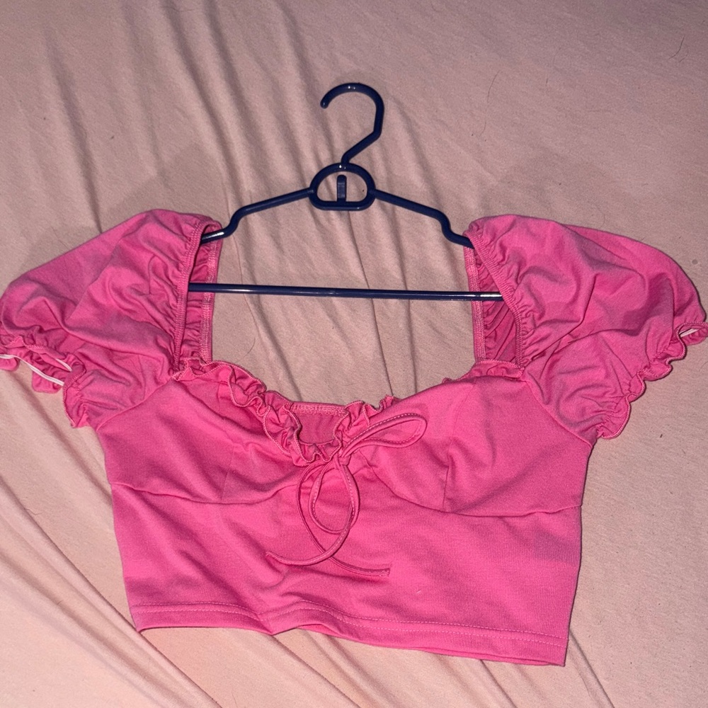 SHEIN Pink Puff Sleeve Crop Top